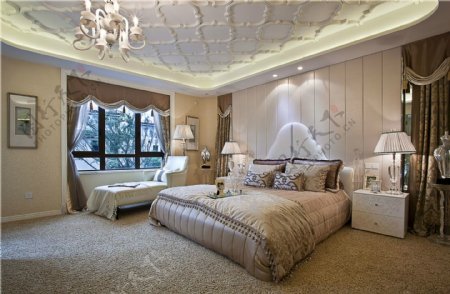 现代时尚卧室白色凸起天花板室内装修效果图