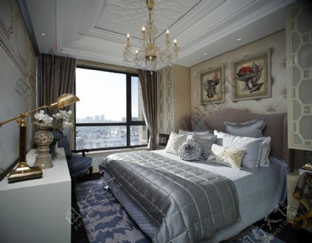 现代时尚卧室银色床品室内装修效果图