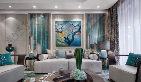 现代文雅清新客厅蓝色植物挂画室内装修图