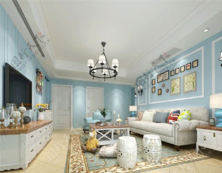 美式清雅客厅蓝色花纹地毯室内装修效果图