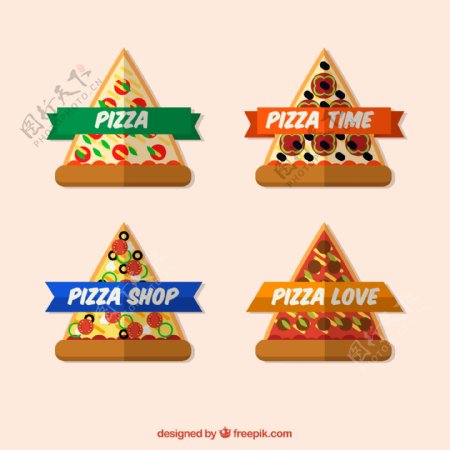 4款美味三角披萨标签矢量