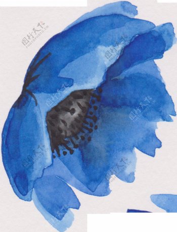 蓝色水墨花卉卡通透明素材
