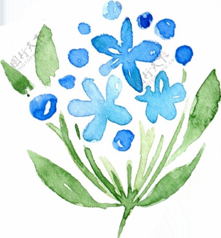 蓝色水彩花卉卡通透明素材