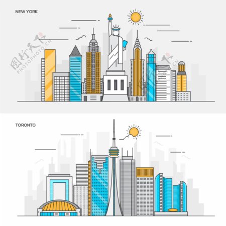 平线的彩色世界城市的标志建筑图标