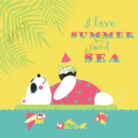 卡通夏季海边的熊动物素材