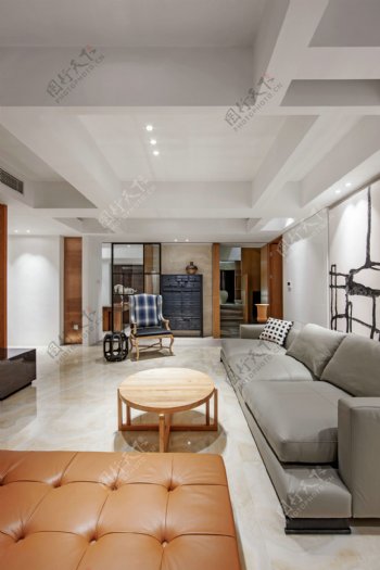 现代时尚客厅纯色皮质沙发室内装修效果图