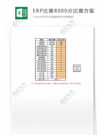 ERP8000比赛方案Excel表格模板