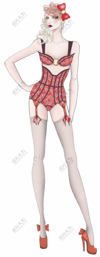 美丽妖娆红色内衣套装女装效果图