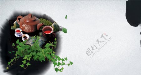 清新绿色植物茶壶背景