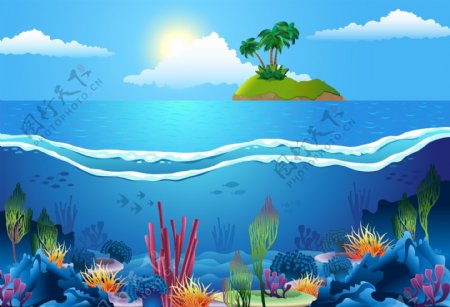 美丽的小岛和海底世界插画