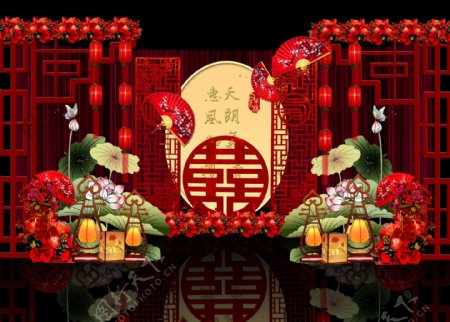 喜庆红中式风格镂空双喜婚庆背景婚礼效果图