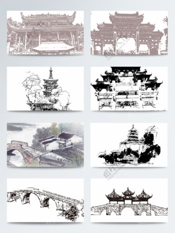 中国风古代建筑装饰素材PSD