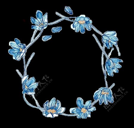 清新蓝色花朵手绘花环装饰元素