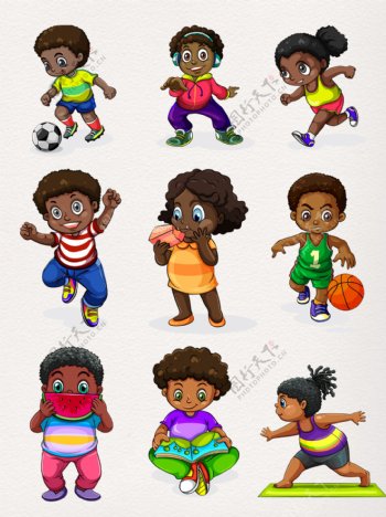 可爱卡通黑人儿童素材