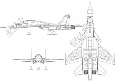 苏34战斗轰炸机矢量三视图线稿