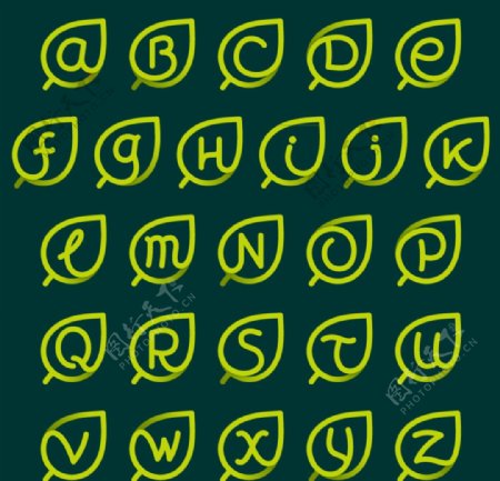 26个绿色树叶字母设计矢量素材