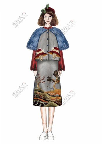 时尚中国风灰色半身裙女装效果图