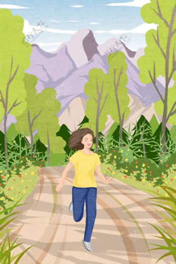 夏季公园跑步的女孩海报背景图