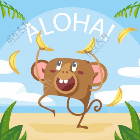 卡通夏威夷拿香蕉的猴子矢量素材