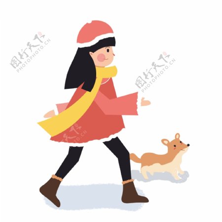手绘卡通可爱女孩带着萌宠小狗散步可商用元素