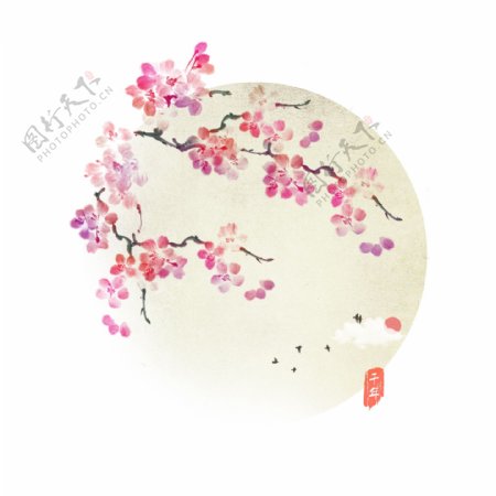 手绘桃花中国风水墨背景插画渲染可商用元素