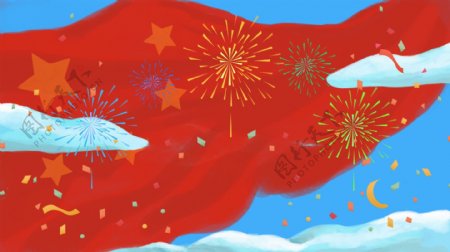 彩绘红旗烟花国庆节背景素材