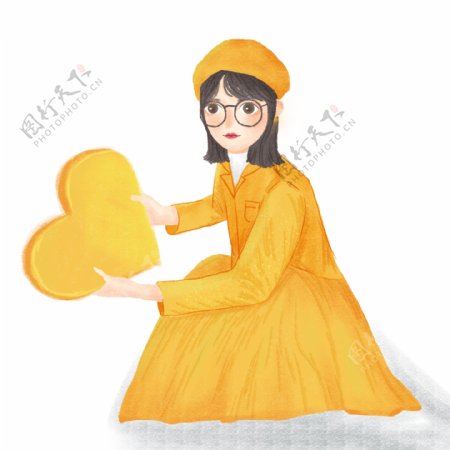 穿着黄色连衣裙的女孩原创元素