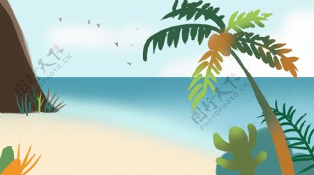 清新卡通夏季海滩背景设计