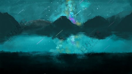 星空下的山峰湖水抽象插画背景