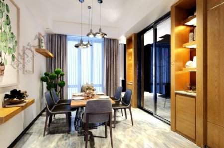 创意现代暖色调餐厅厨房3d效果图