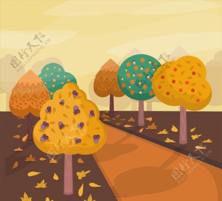 卡通秋季树木道路风景矢量素材