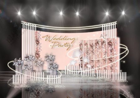粉色圆弧背景隔段花墙装饰栏杆婚礼效果图