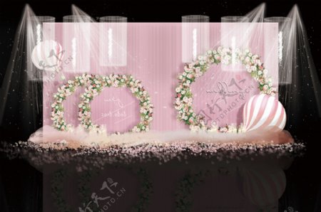 粉色浪漫花环婚礼迎宾区效果图