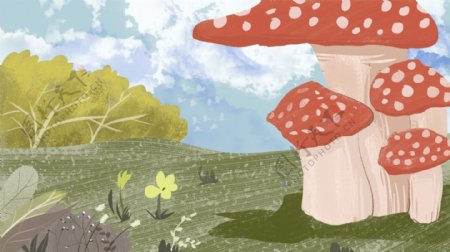 彩绘草地蘑菇背景素材