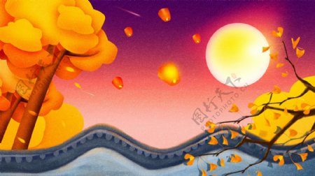 创意彩绘中秋节天空孔明灯插画背景设计