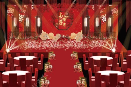 红色简约中式复古大气婚礼工装效果图
