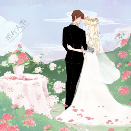 结婚室外婚礼现场卡通背景