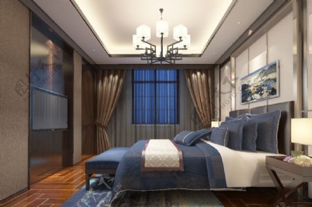 酒店现代轻奢豪华卧室套房3d效果图