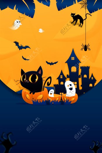 黑猫骷髅鬼屋万圣节海报背景素材