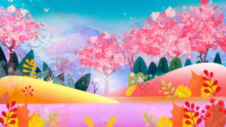 彩色树木花叶山坡卡通背景