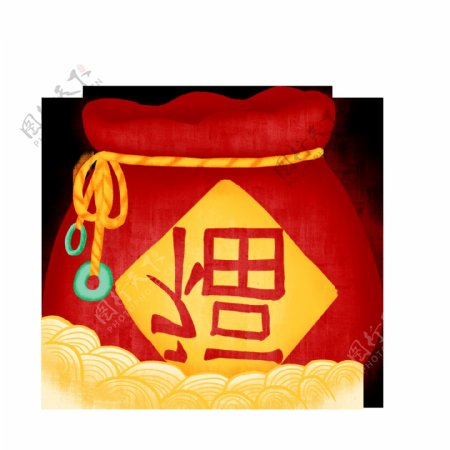 手绘新年红色喜庆金钱福袋中国风素材
