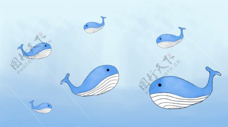 蓝色海洋中的蓝色鲸鱼卡通背景