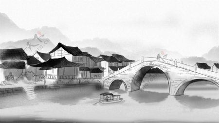 中国风水墨小桥房屋河流卡通背景