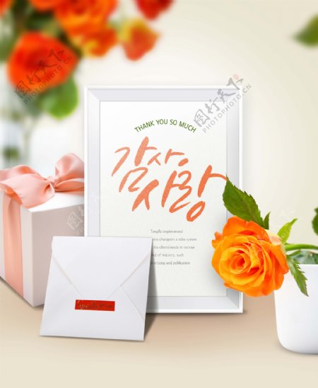 清新韩系粉色花朵感恩贺卡海报