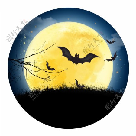 万圣节卡通手绘吸血月夜星空月亮蝙蝠素材