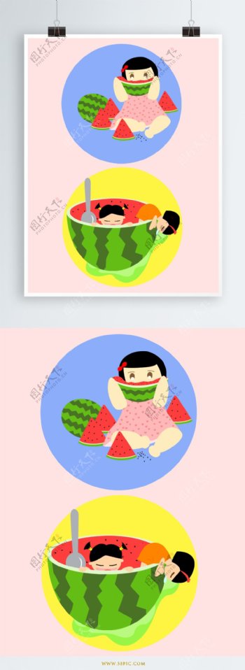 吃西瓜人物夏至清凉夏季二十四节气