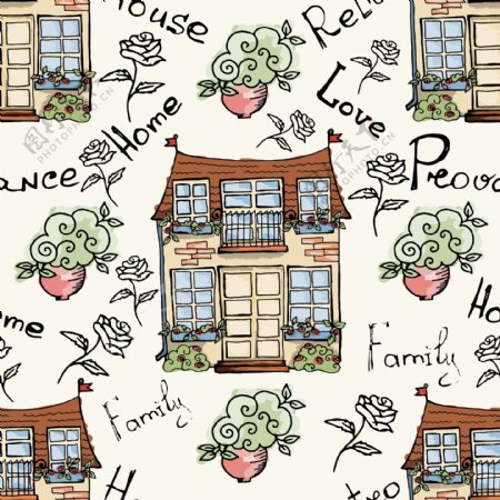 手绘卡通房子植物花朵花卉矢量图