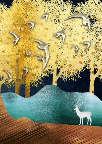 新中式抽象麋鹿发财树装饰画