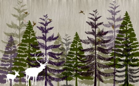 小清新北欧抽象树林麋鹿背景墙