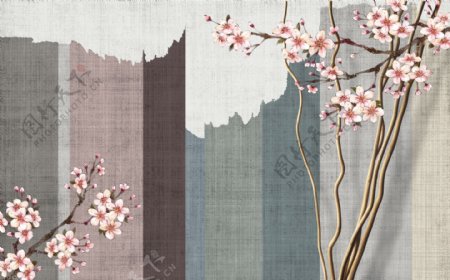 中式立体手绘桃花梅花背景墙